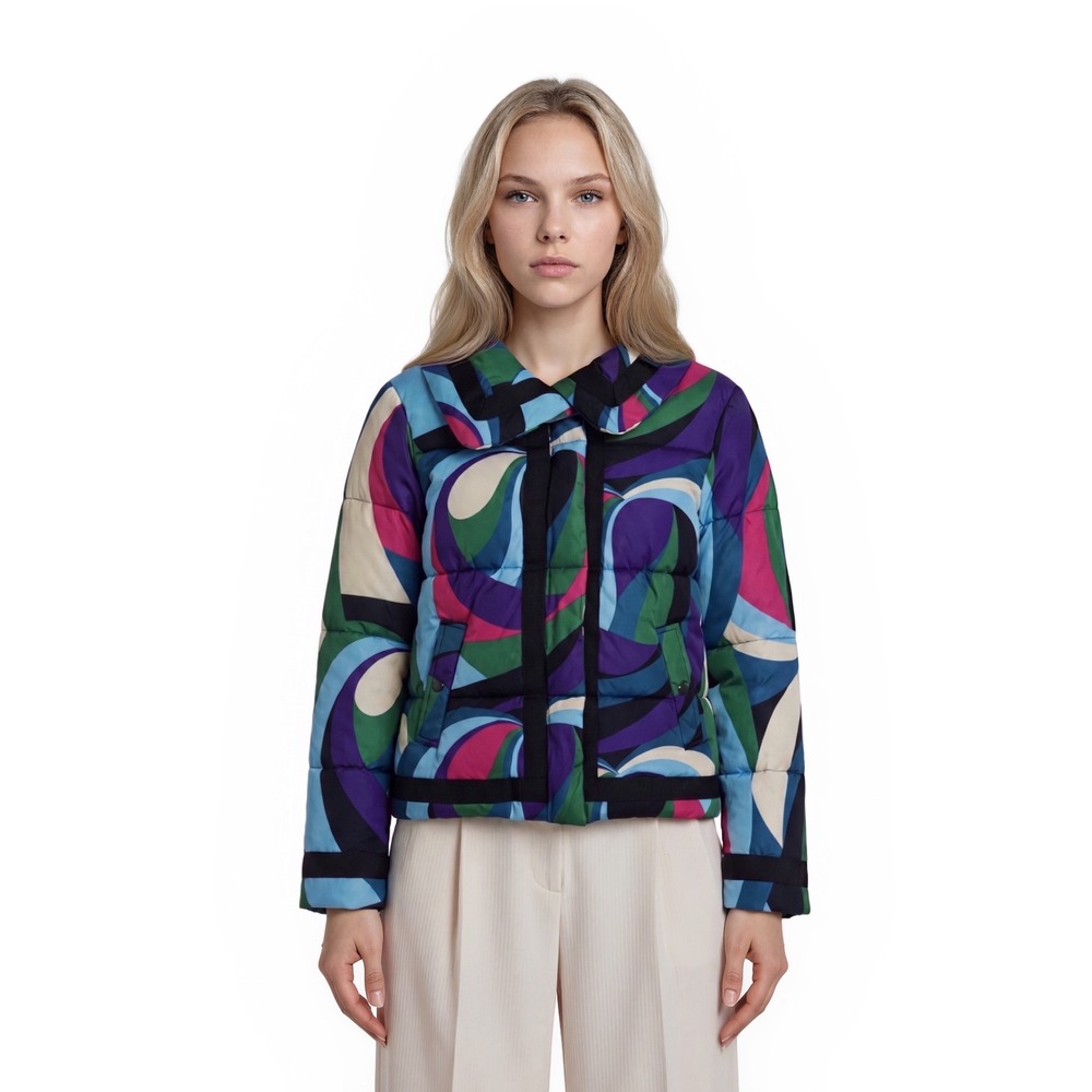 Boston Proper Puffer Jacket Coat Women's Size Medium Multi Psychedelic Vintage